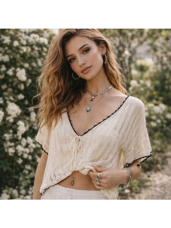 Minnie Rose Tops - Minnie Rose Sheer Crochet Top Boho Fairy Cottagecore Tie Front Festival Layering